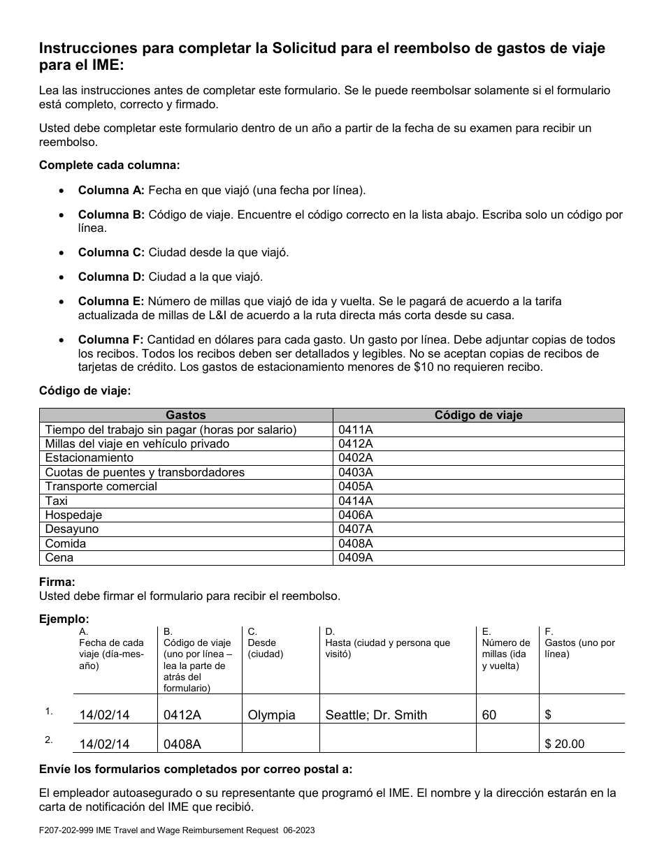 Formulario F207-202-999 Examen Medico Independiente (Ime) Solicitud Para Reembolso De Gastos De Viaje Y Salario - Washington (Spanish), Page 5