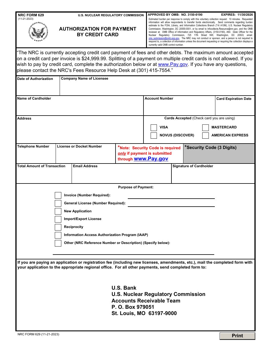 NRC Form 629 Authorization for Payment by Credit Card, Page 1