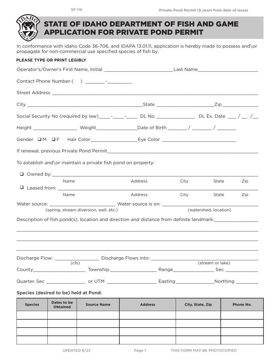 Form SP-116 Download Printable PDF or Fill Online Application for ...