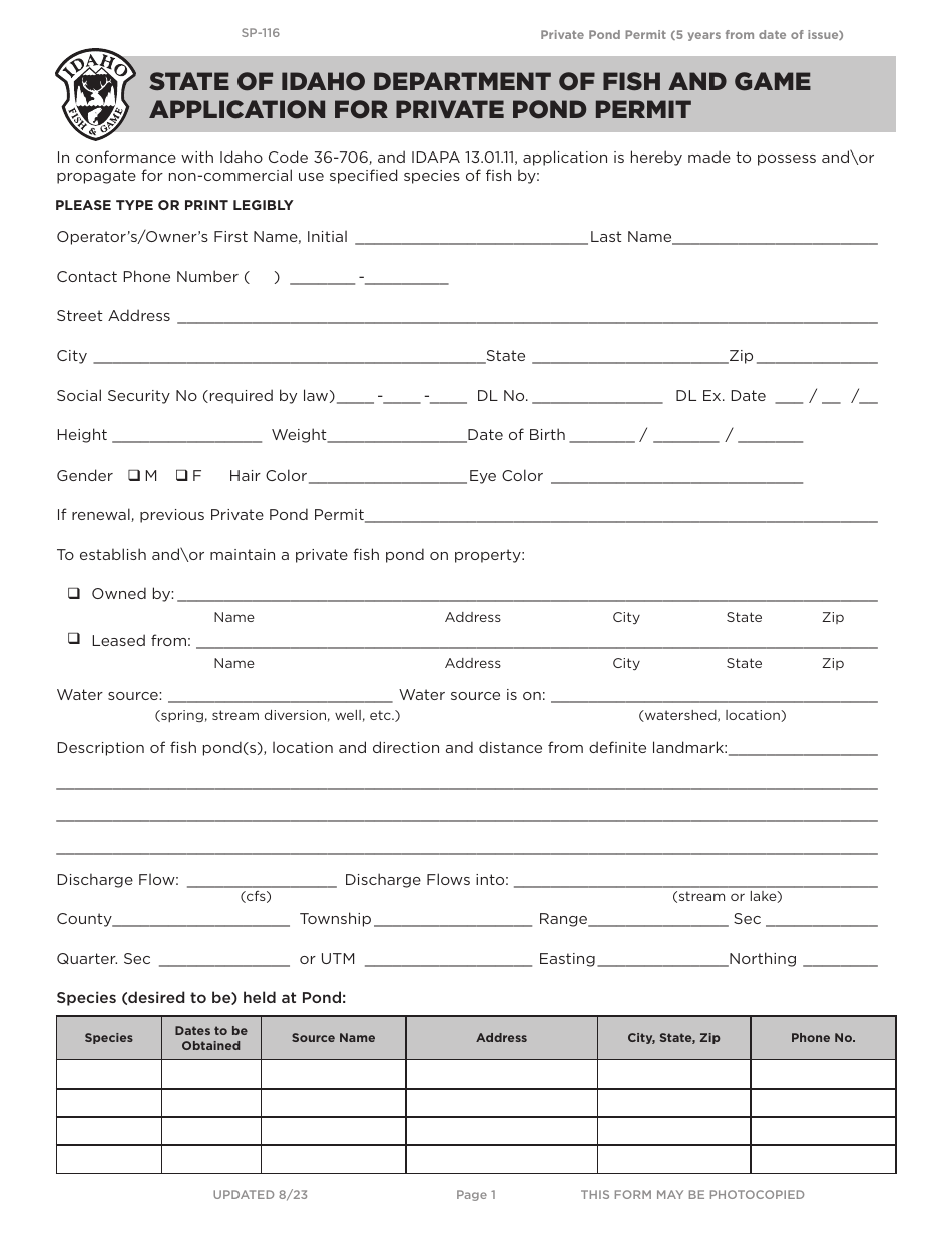 Form SP-116 Application for Private Pond Permit - Idaho, Page 1