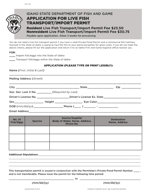 Form SP-115 Application for Live Fish Transport/Import Permit - Idaho