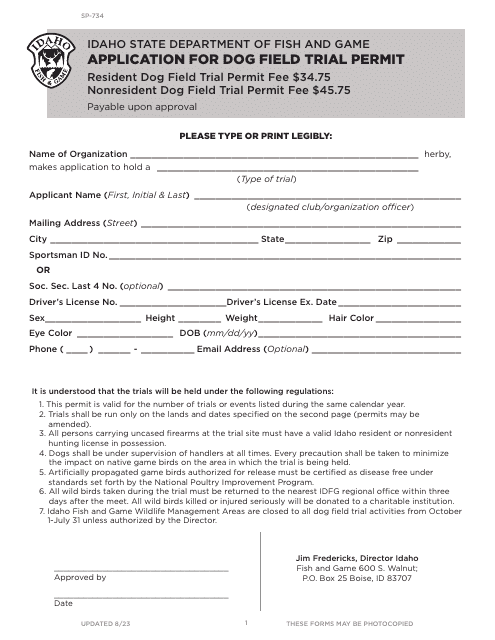 Form SP-734 Application for Dog Field Trial Permit - Idaho