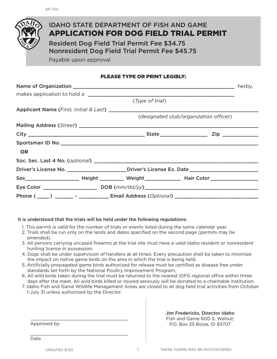 Form SP734 Download Printable PDF or Fill Online Application for Dog