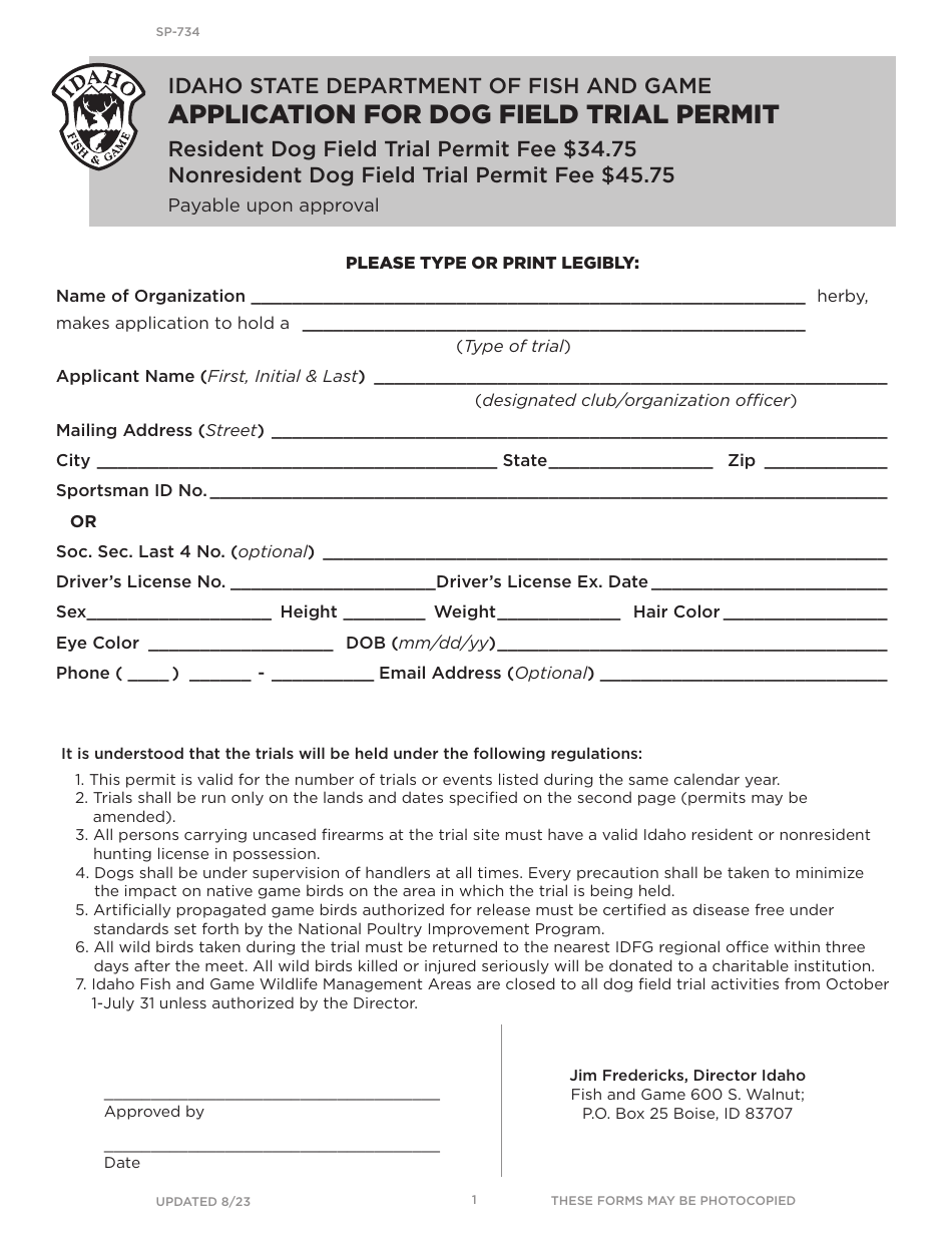 Form SP-734 Application for Dog Field Trial Permit - Idaho, Page 1