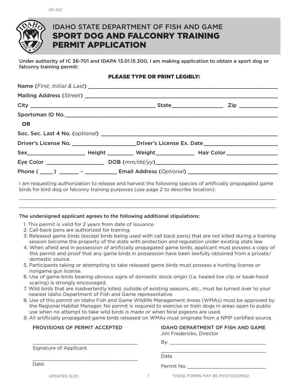 Form SP747 Fill Out, Sign Online and Download Printable PDF, Idaho