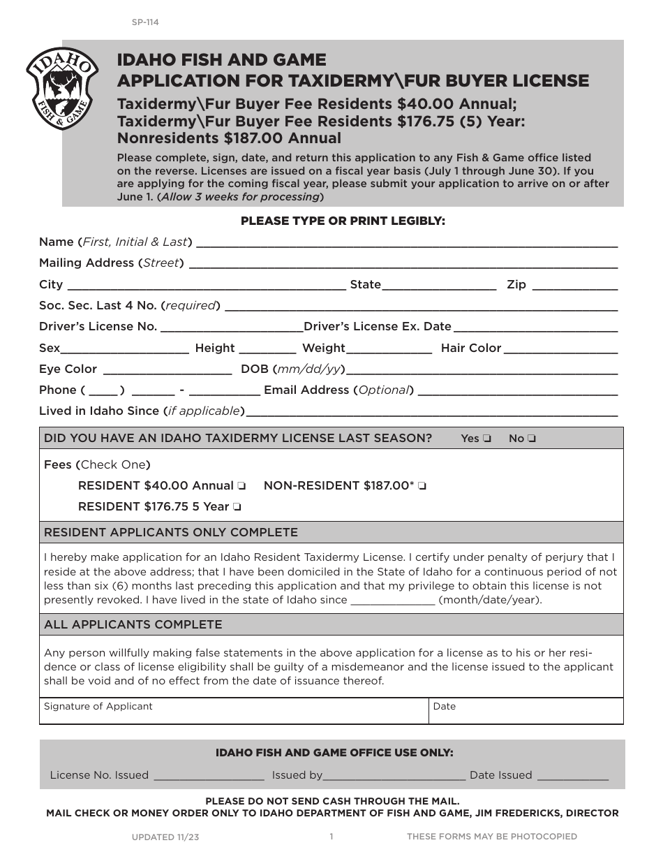 Form SP-114 Application for Taxidermy fur Buyer License - Idaho, Page 1