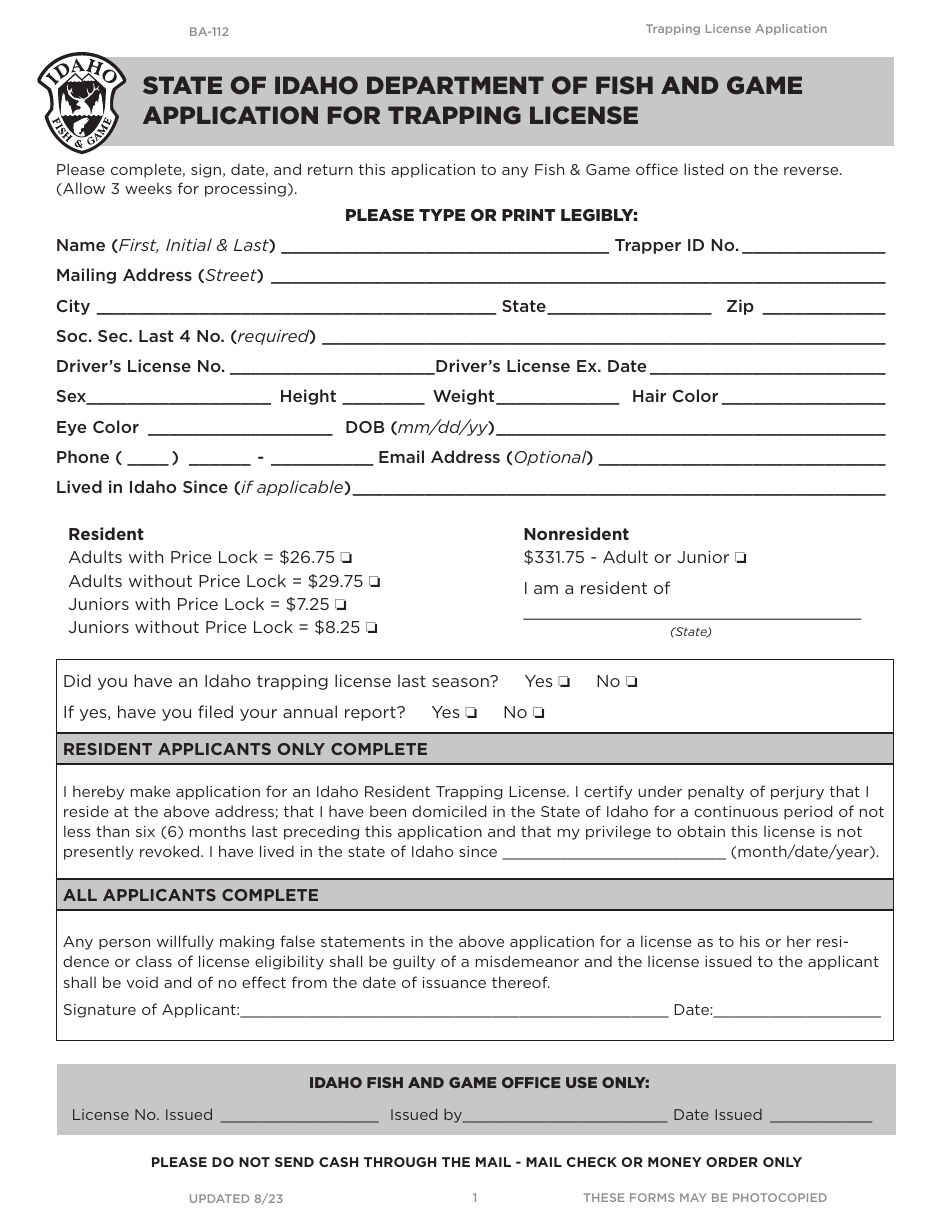 Form BA-112 Application for Trapping License - Idaho, Page 1