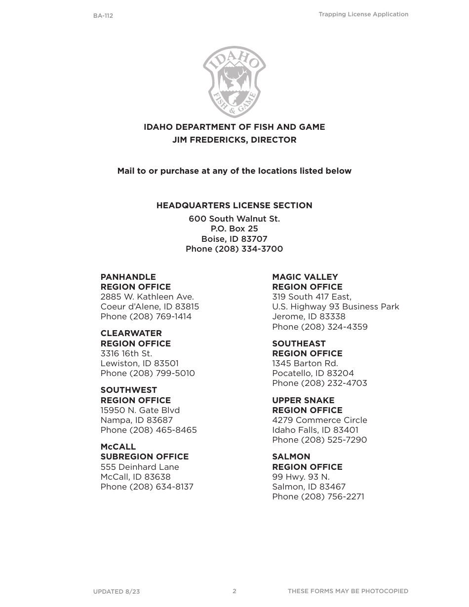 Form BA-112 Application for Trapping License - Idaho, Page 2