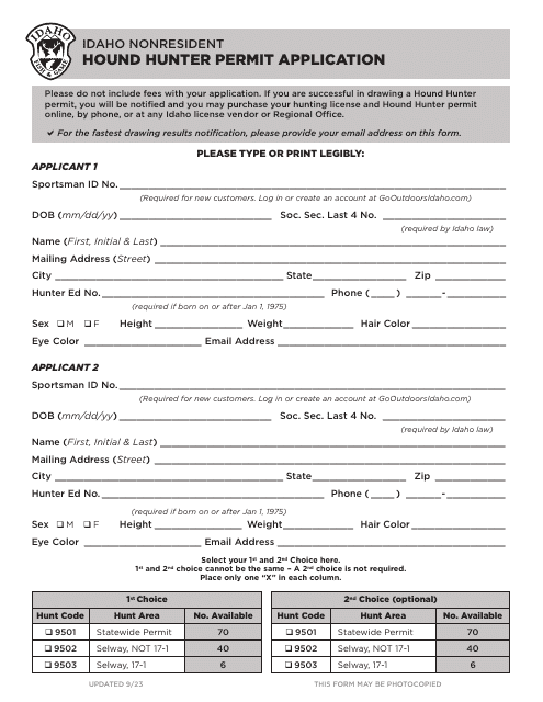 Nonresident Hound Hunter Permit Application - Idaho Download Pdf