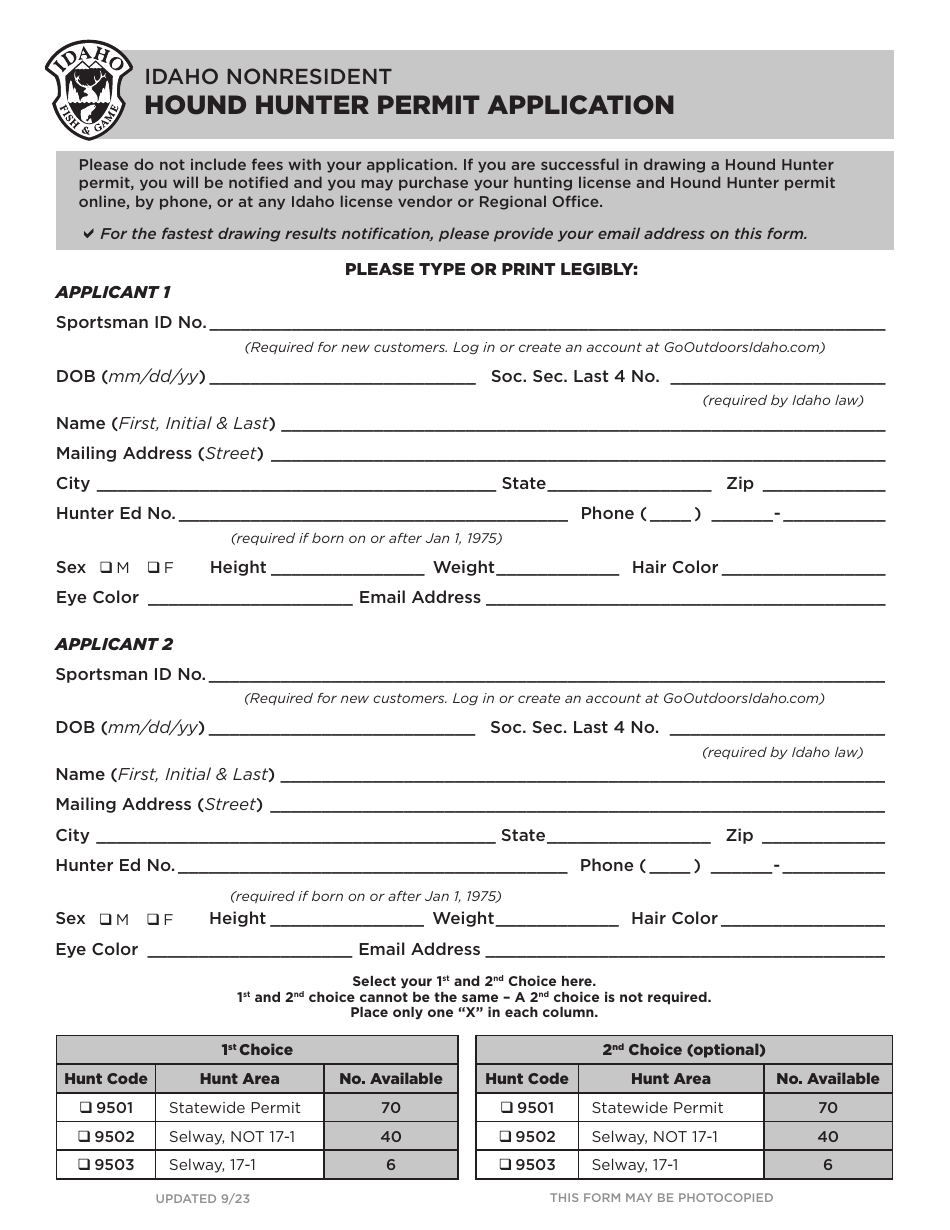 Nonresident Hound Hunter Permit Application - Idaho, Page 1
