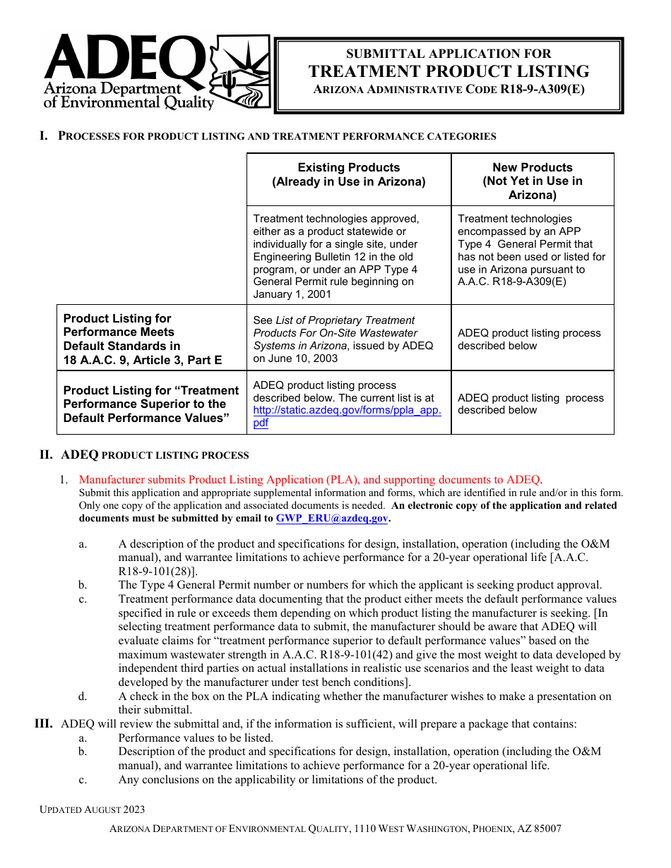 Submittal Application for Treatment Product Listing - Arizona, Page 1