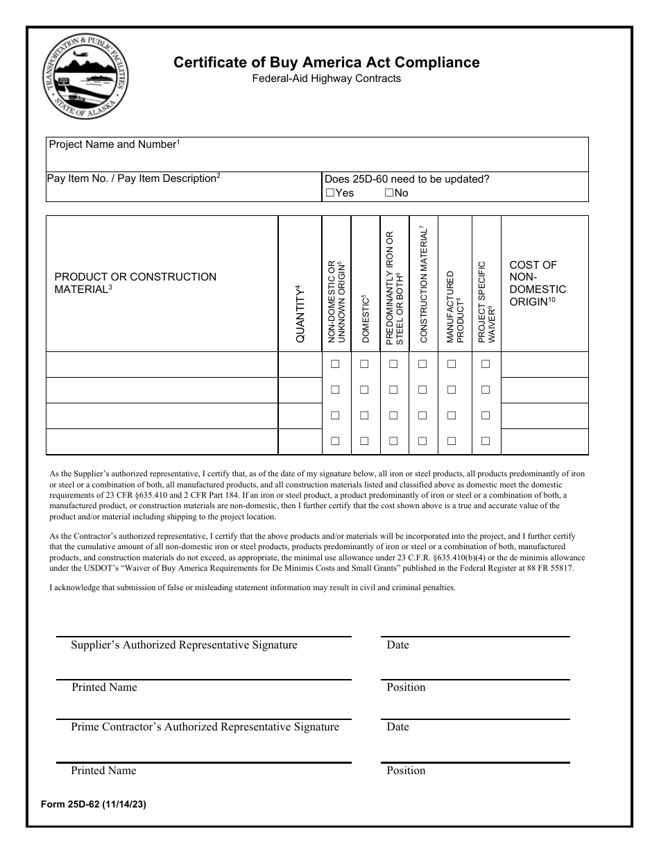 Form 25D-62 Certificate of Buy America Act Compliance - Federal-Aid Highway Contracts - Alaska, Page 1
