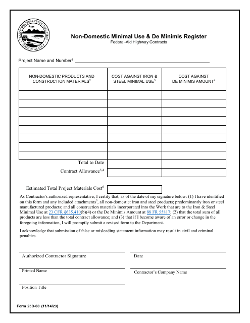 Form 25D-60 Non-domestic Minimal Use & De Minimis Register - Federal-Aid Highway Contracts - Alaska