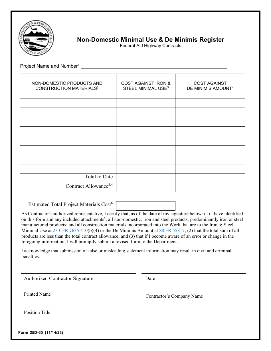 Form 25D-60 Non-domestic Minimal Use  De Minimis Register - Federal-Aid Highway Contracts - Alaska, Page 1