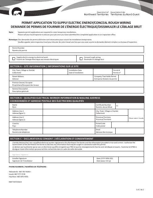 Form NWT9377 Permit Application to Supply Electric Energy/Conceal Rough Wiring - Northwest Territories, Canada (English/French)