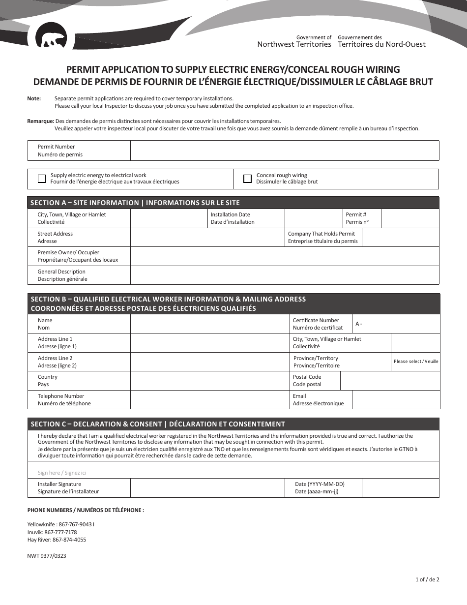 Form NWT9377 Permit Application to Supply Electric Energy / Conceal Rough Wiring - Northwest Territories, Canada (English / French), Page 1