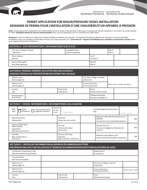 Form NWT9385 Permit Application for Boiler/Pressure Vessel Installation - Northwest Territories, Canada (English/French)