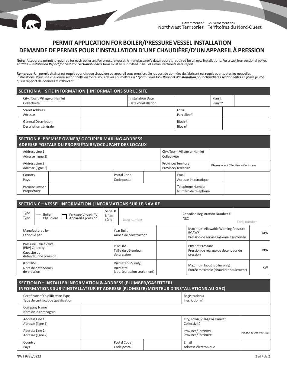 Form NWT9385 Permit Application for Boiler / Pressure Vessel Installation - Northwest Territories, Canada (English / French), Page 1