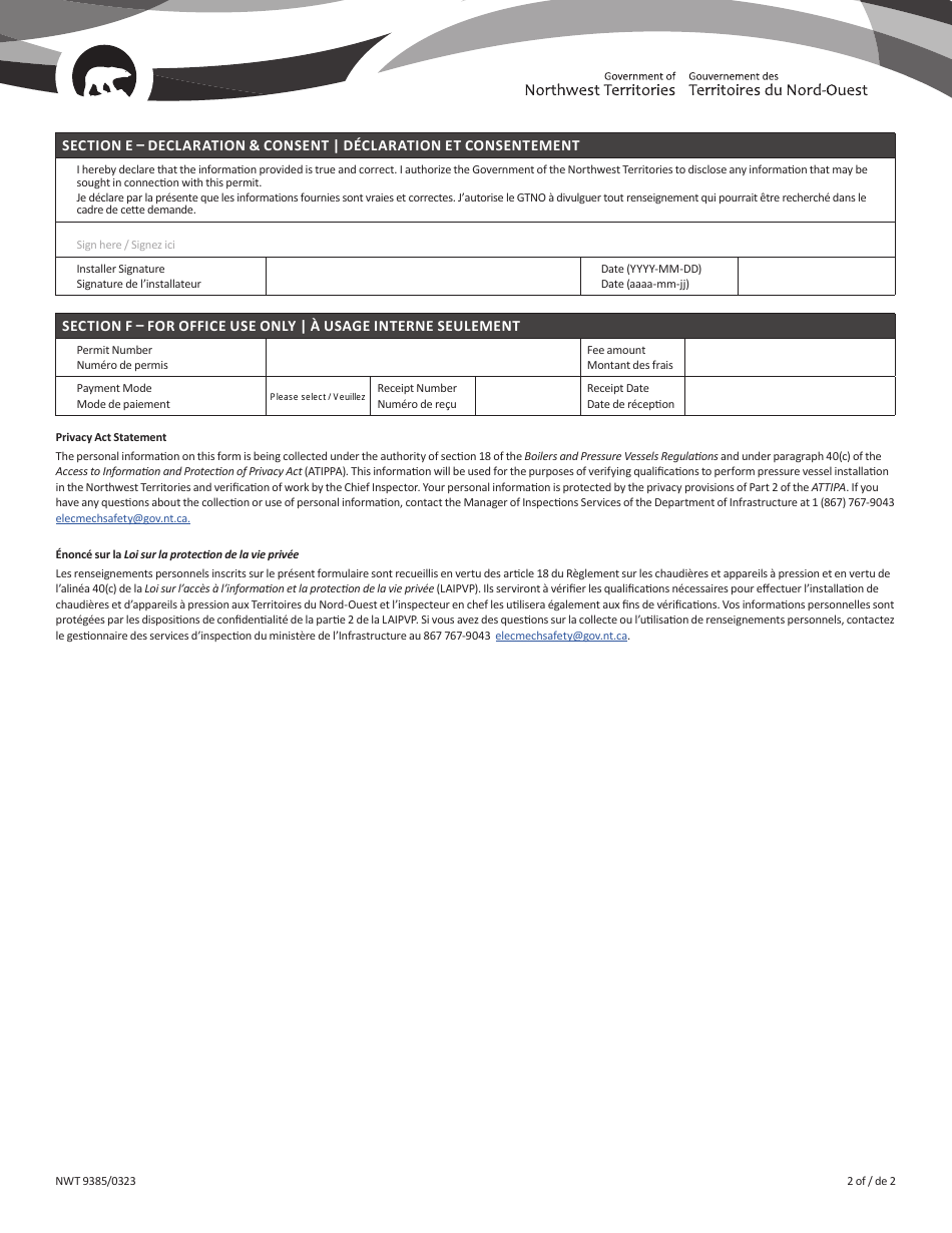 Form NWT9385 Permit Application for Boiler / Pressure Vessel Installation - Northwest Territories, Canada (English / French), Page 2