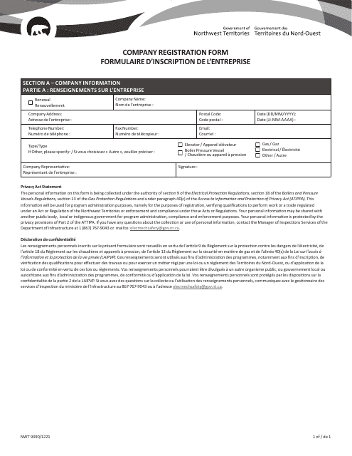 Form NWT9390 Company Registration Form - Northwest Territories, Canada (English/French)