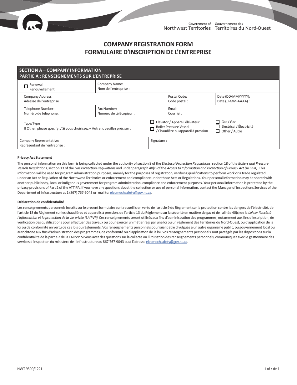 Form NWT9390 Company Registration Form - Northwest Territories, Canada (English / French), Page 1