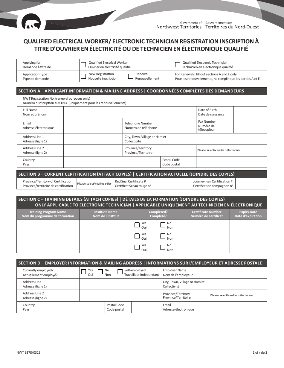 Form NWT9378 Qualified Electrical Worker / Electronic Technician Registration - Northwest Territories, Canada (English / French), Page 1