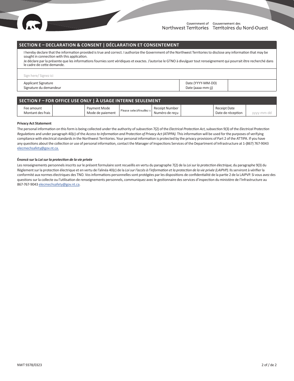 Form NWT9378 Qualified Electrical Worker / Electronic Technician Registration - Northwest Territories, Canada (English / French), Page 2