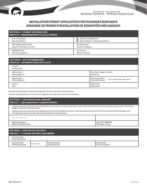 Form NWT9393 Installation Permit Application for Passenger Ropeways - Northwest Territories, Canada (English/French)