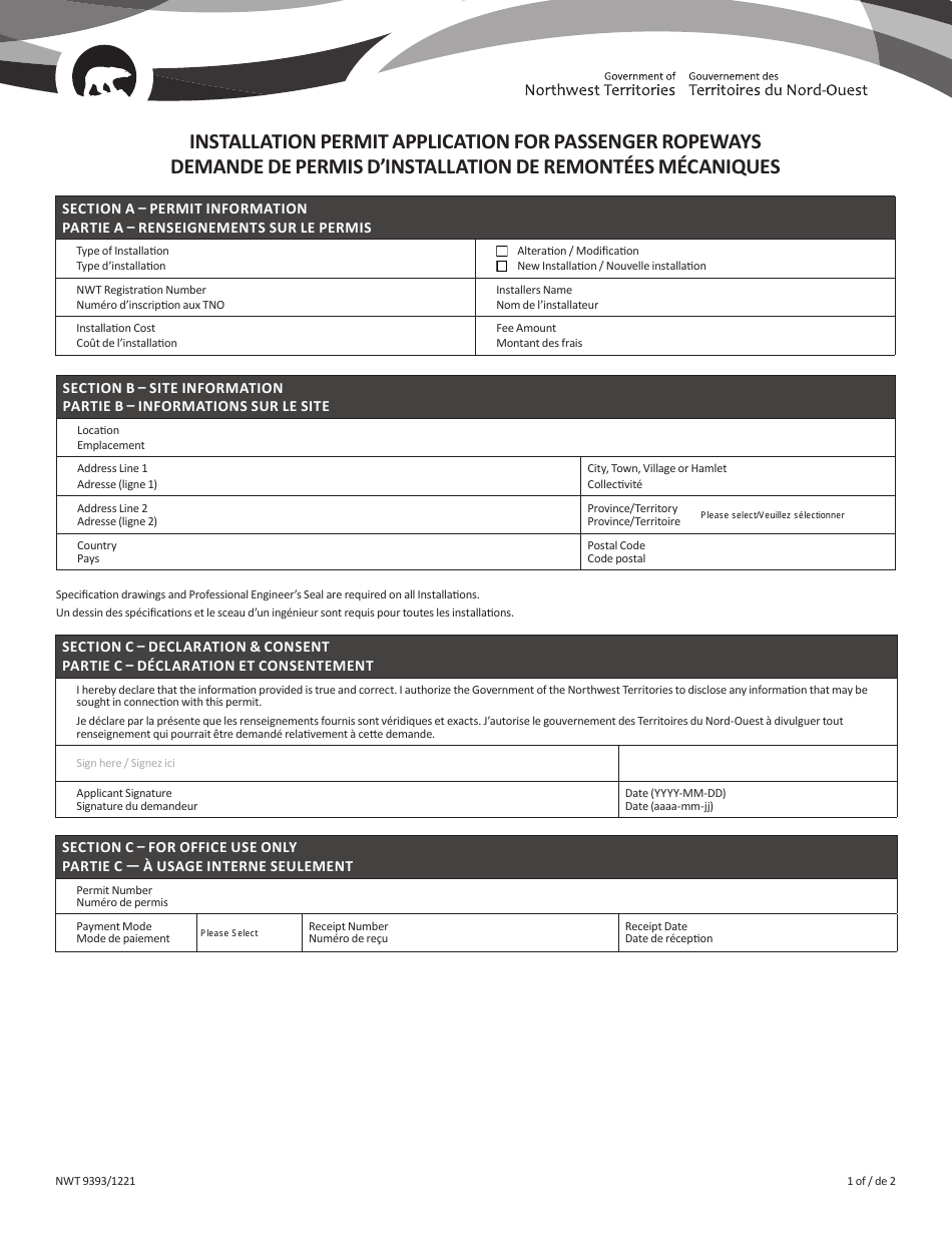 Form NWT9393 Installation Permit Application for Passenger Ropeways - Northwest Territories, Canada (English / French), Page 1
