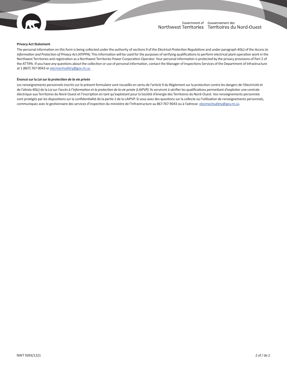 Form NWT9393 Installation Permit Application for Passenger Ropeways - Northwest Territories, Canada (English / French), Page 2