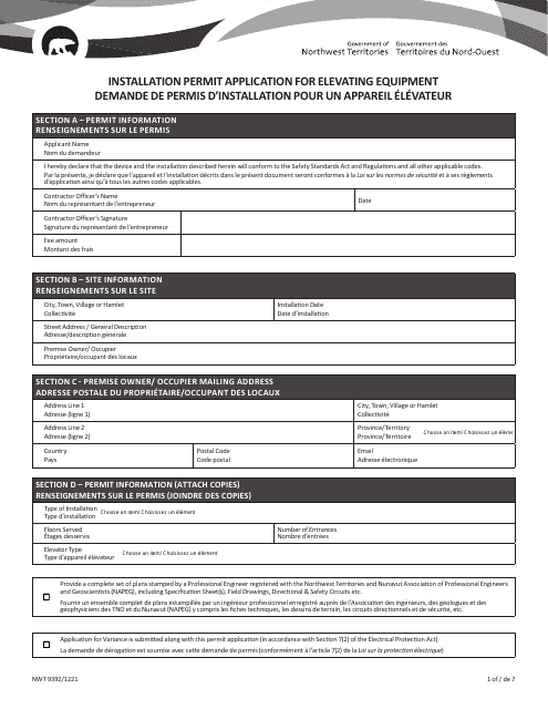 Form NWT9392 Installation Permit Application for Elevating Equipment - Northwest Territories, Canada (English/French)