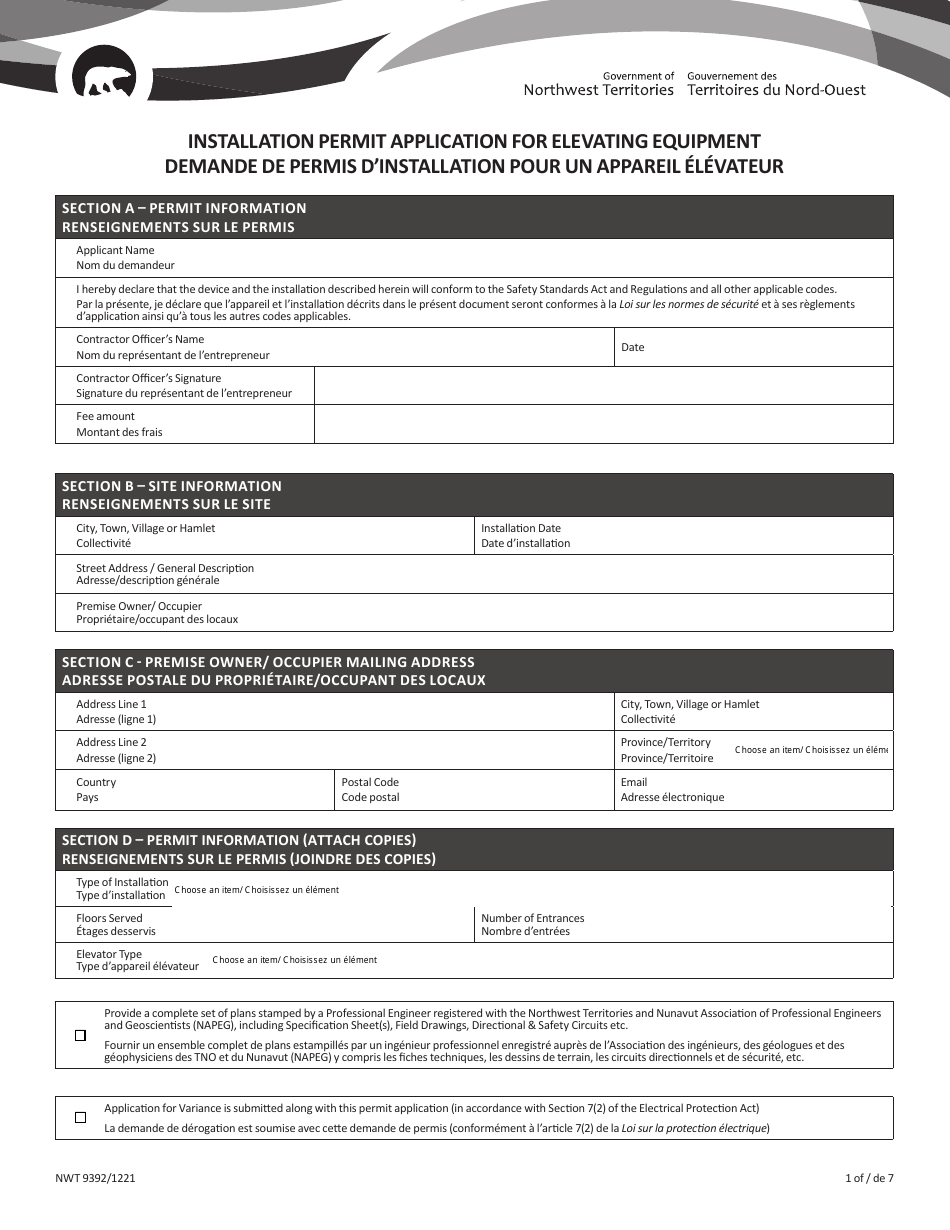 Form NWT9392 Installation Permit Application for Elevating Equipment - Northwest Territories, Canada (English / French), Page 1