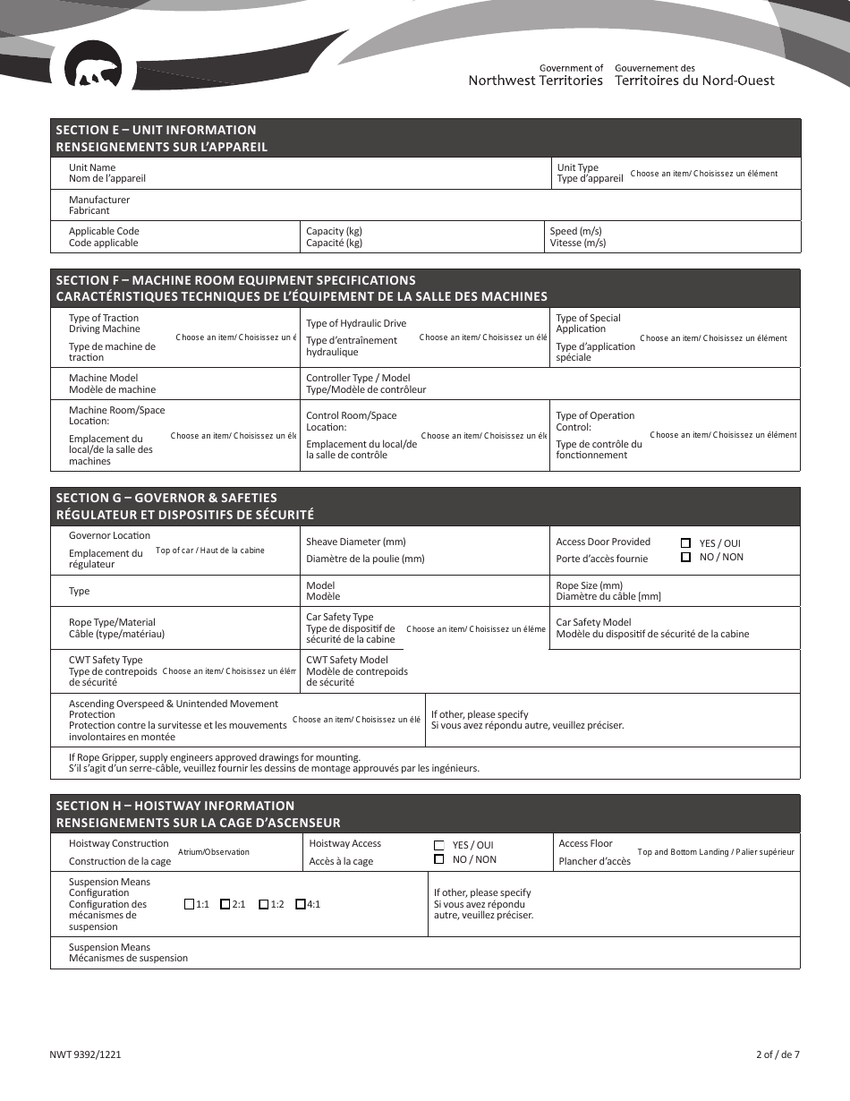 Form NWT9392 Installation Permit Application for Elevating Equipment - Northwest Territories, Canada (English / French), Page 2