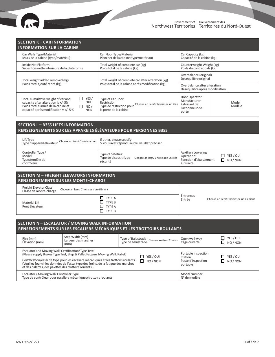 Form NWT9392 Installation Permit Application for Elevating Equipment - Northwest Territories, Canada (English / French), Page 4