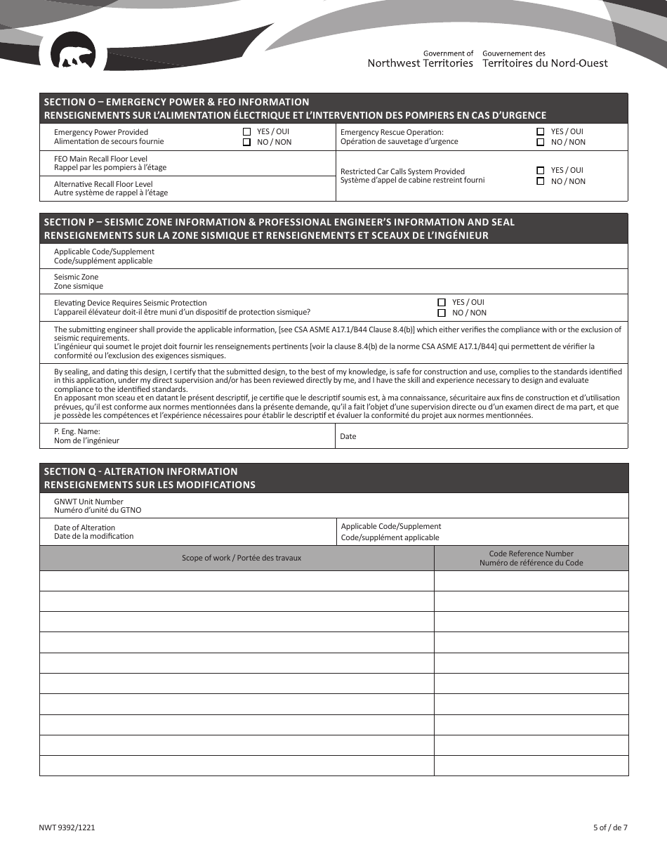 Form NWT9392 Installation Permit Application for Elevating Equipment - Northwest Territories, Canada (English / French), Page 5