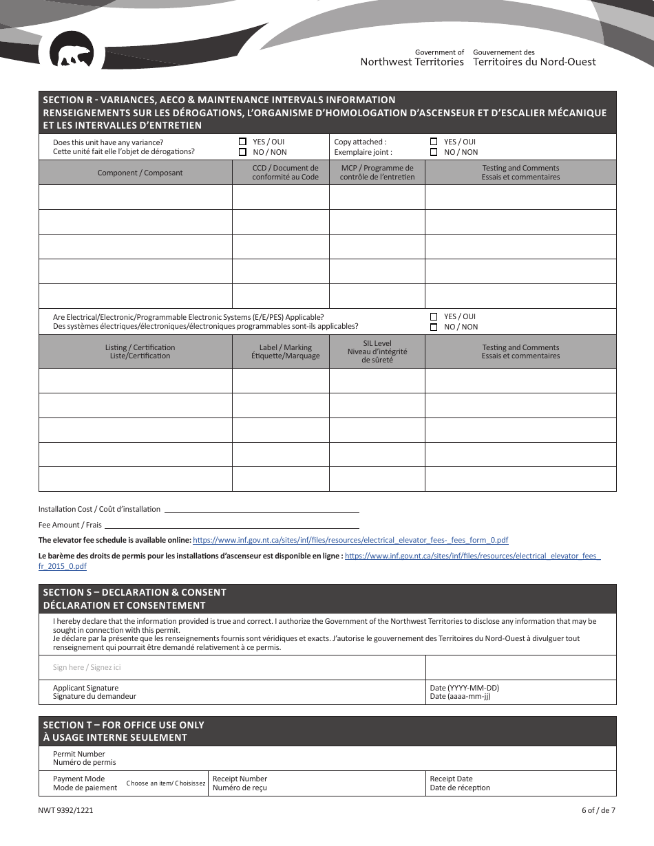 Form NWT9392 Installation Permit Application for Elevating Equipment - Northwest Territories, Canada (English / French), Page 6