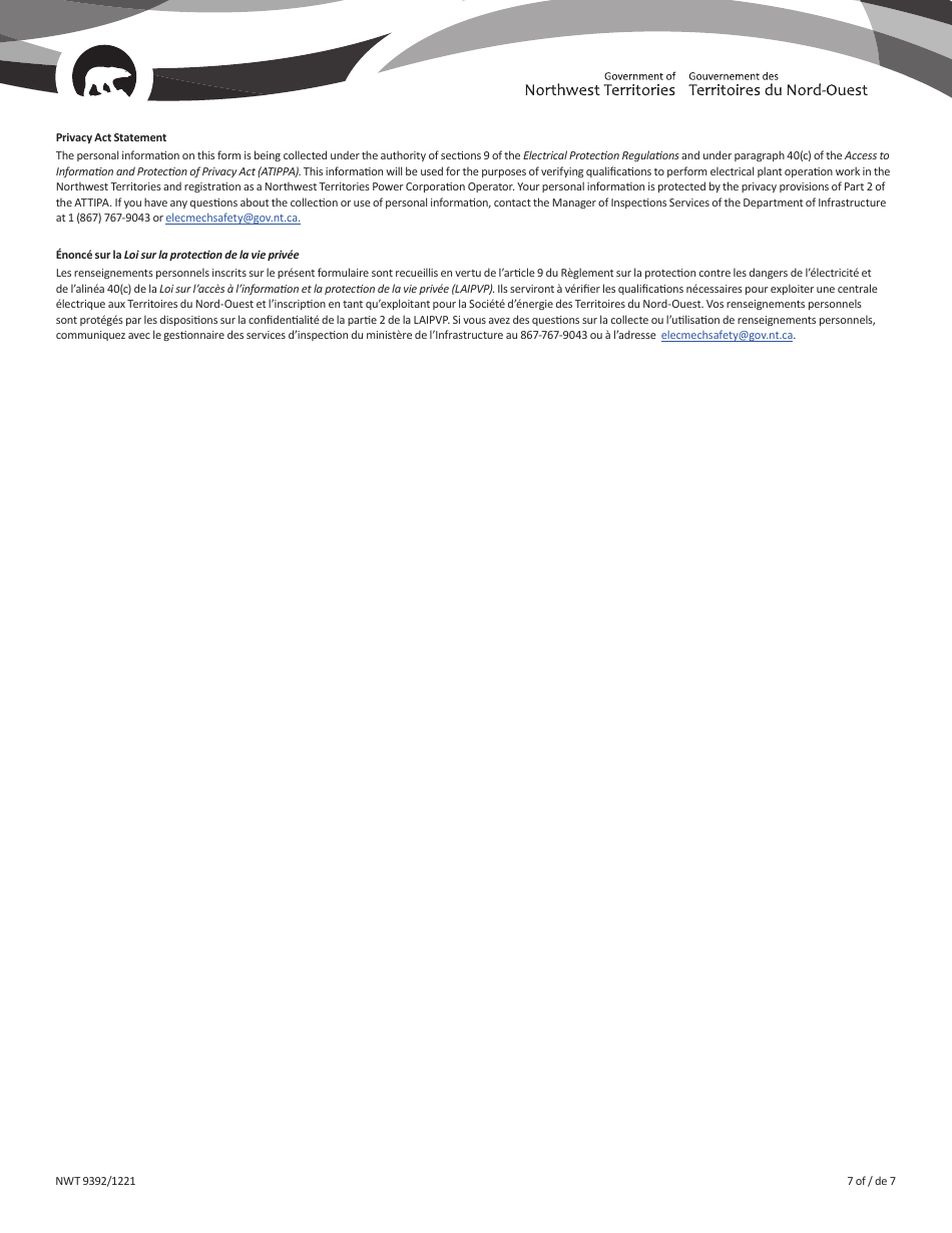Form NWT9392 Installation Permit Application for Elevating Equipment - Northwest Territories, Canada (English / French), Page 7