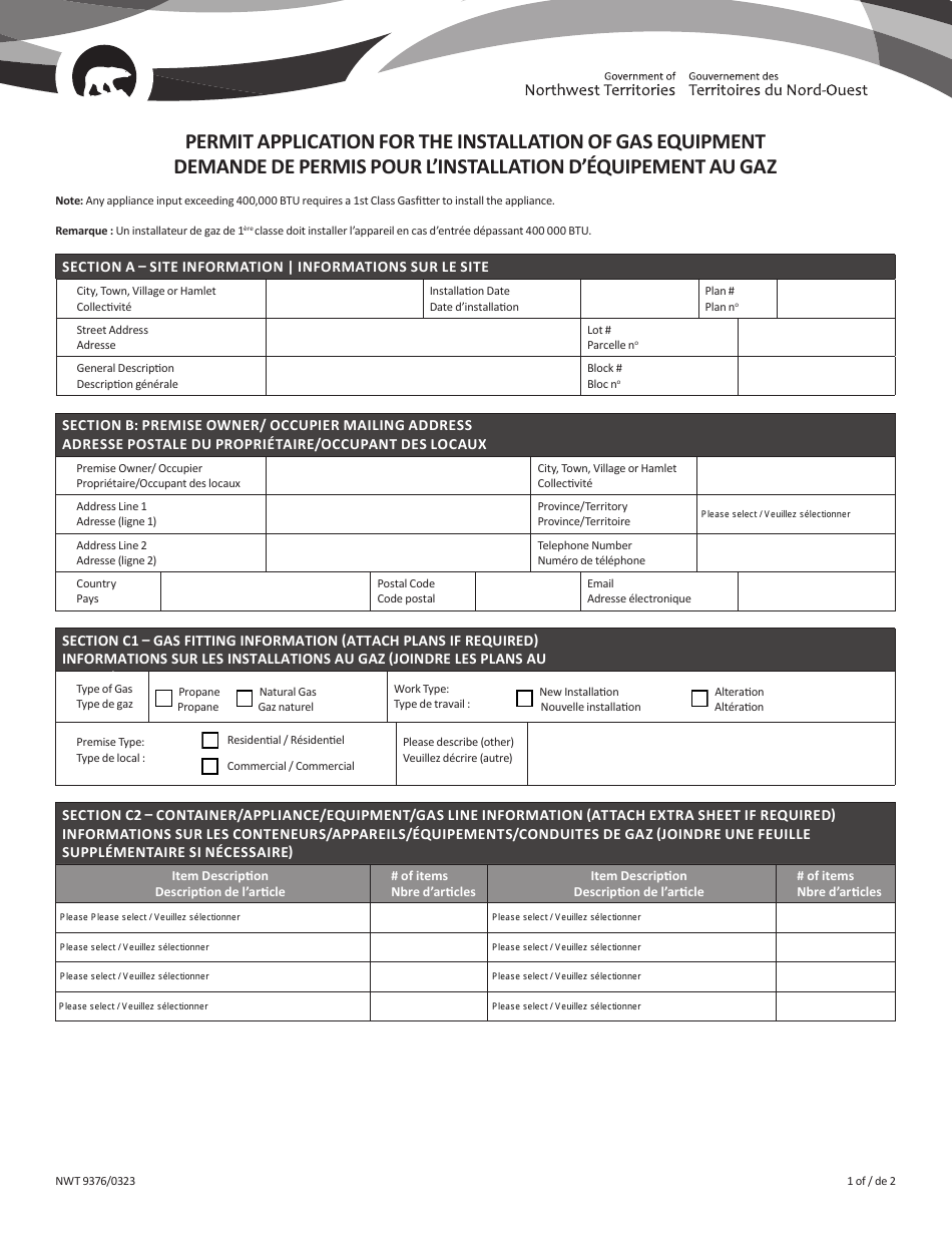 Form NWT9376 Permit Application for the Installation of Gas Equipment - Northwest Territories, Canada (English / French), Page 1