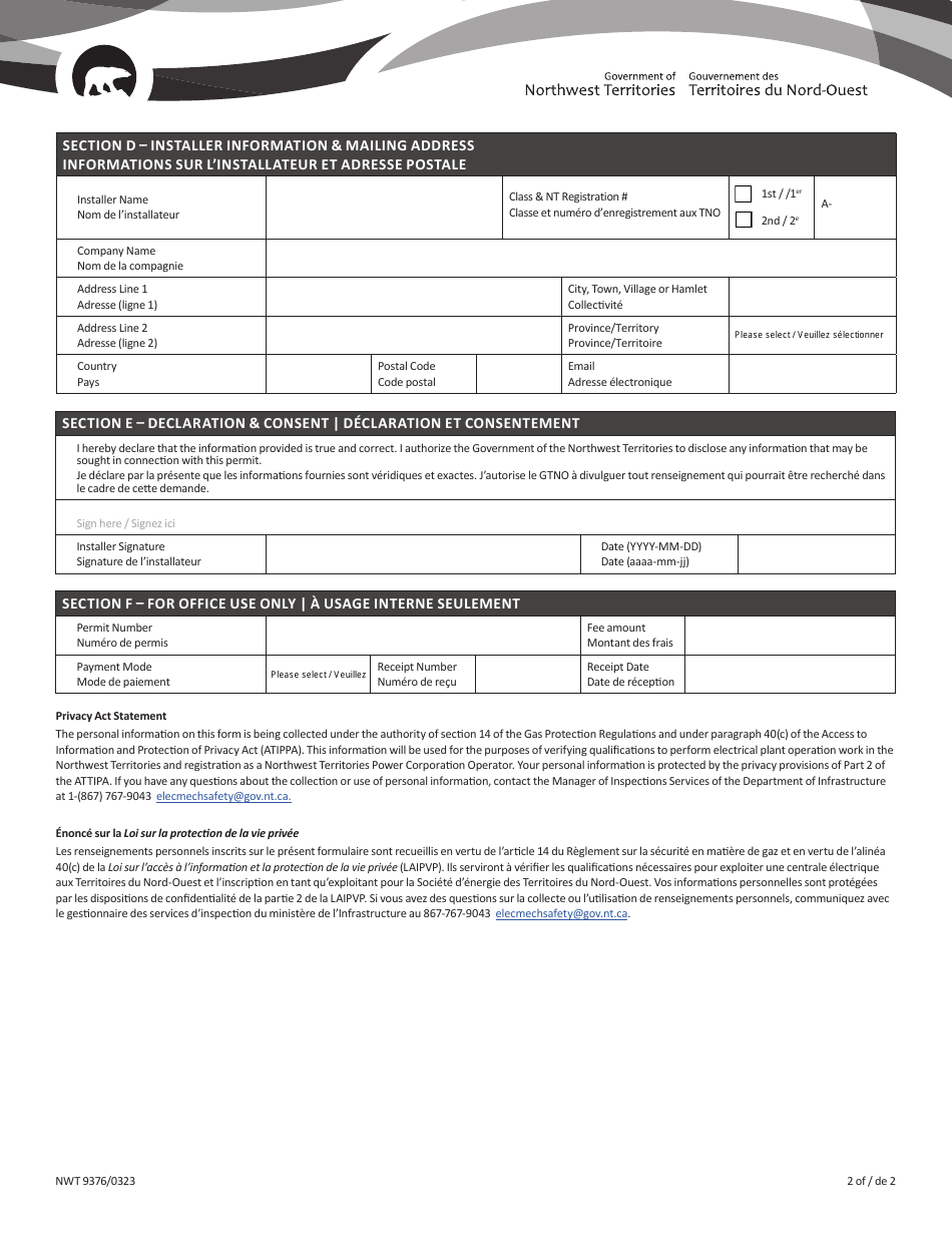 Form NWT9376 Permit Application for the Installation of Gas Equipment - Northwest Territories, Canada (English / French), Page 2