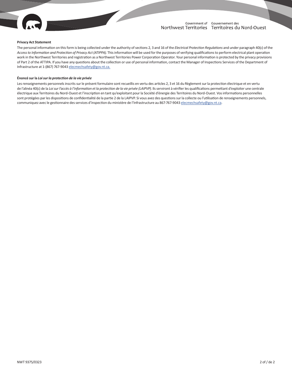 Form NWT9375 Northwest Territories Power Corporation Plant Operator Registration - Northwest Territories, Canada (English / French), Page 2