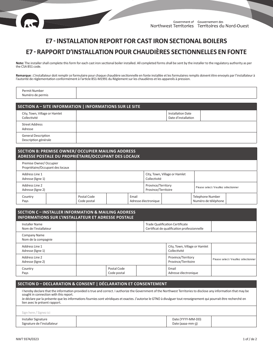 Form NWT9374 E7 - Installation Report for Cast Iron Sectional Boilers - Northwest Territories, Canada, Page 1