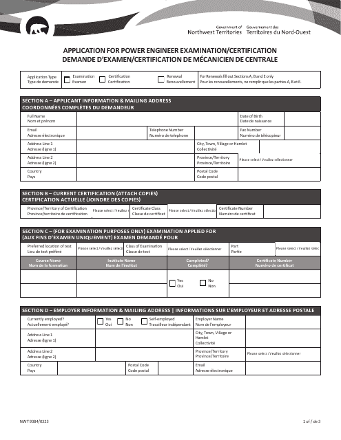 Form NWT9384 Application for Power Engineer Examination/Certification - Northwest Territories, Canada (English/French)