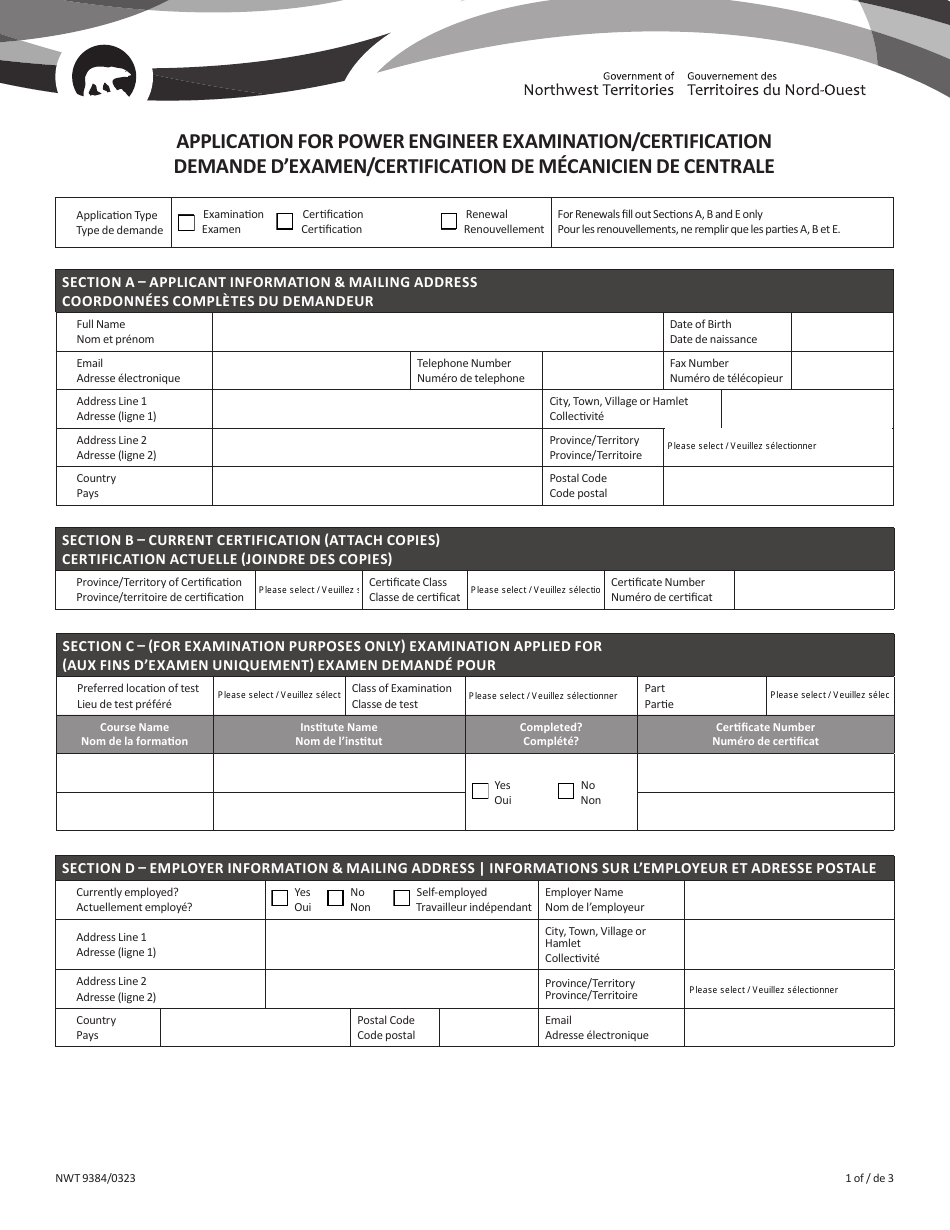 Form NWT9384 Application for Power Engineer Examination / Certification - Northwest Territories, Canada (English / French), Page 1