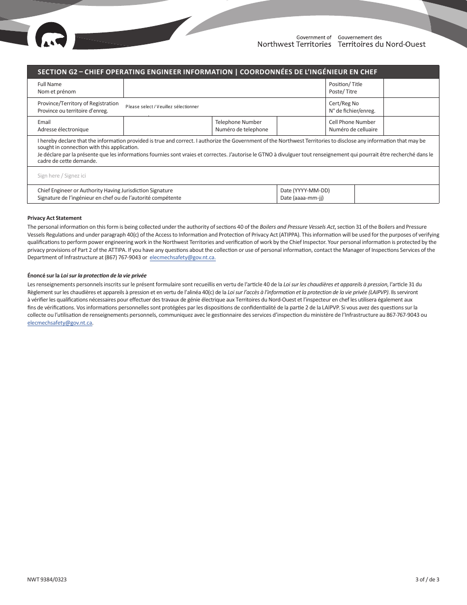 Form NWT9384 Application for Power Engineer Examination / Certification - Northwest Territories, Canada (English / French), Page 3