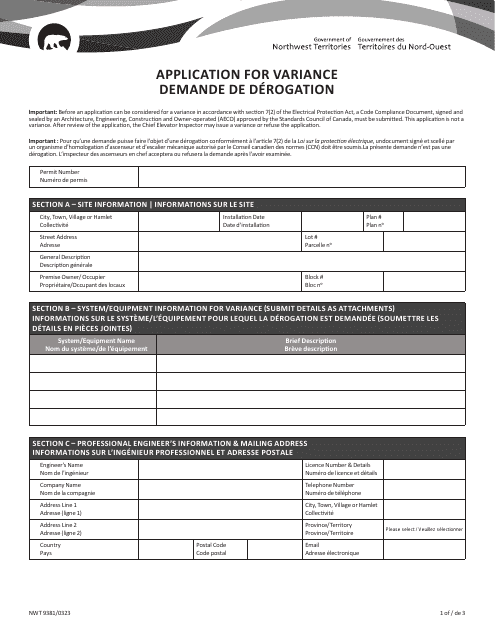 Form NWT9381 Application for Variance - Northwest Territories, Canada (English/French)