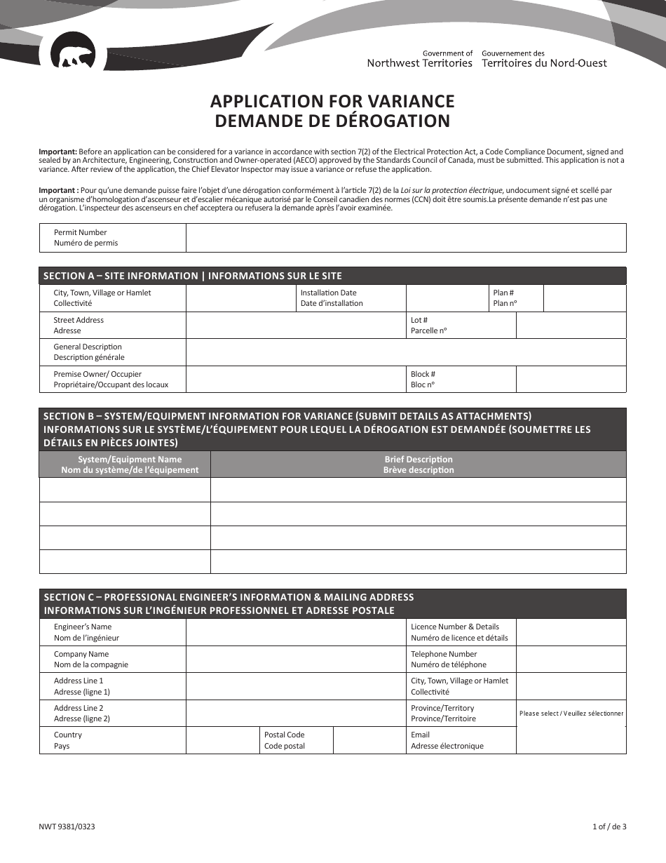 Form NWT9381 Application for Variance - Northwest Territories, Canada (English / French), Page 1