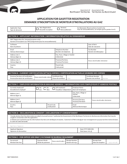 Form NWT9383 Application for Gasfitter Registration - Northwest Territories, Canada (English/French)