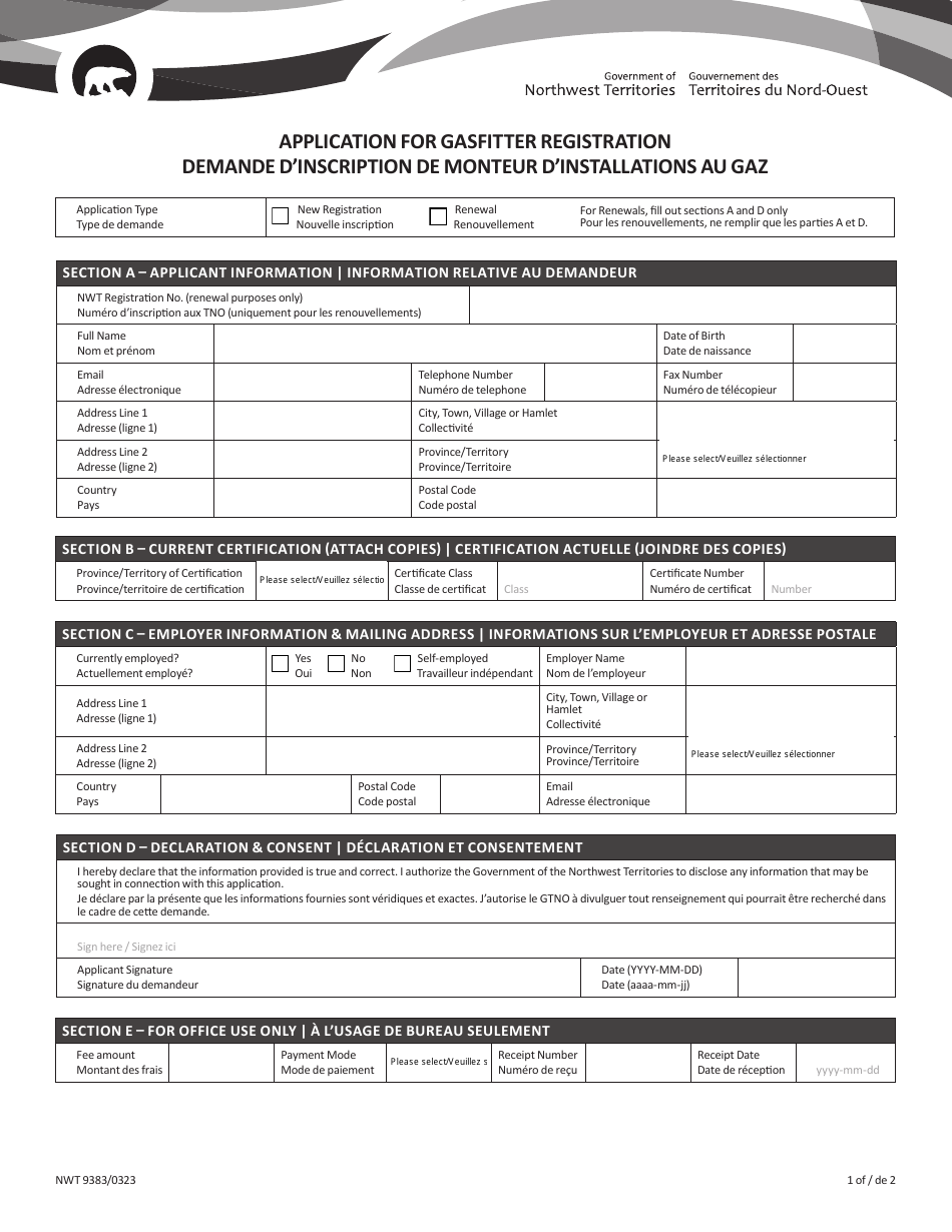 Form NWT9383 Application for Gasfitter Registration - Northwest Territories, Canada (English / French), Page 1