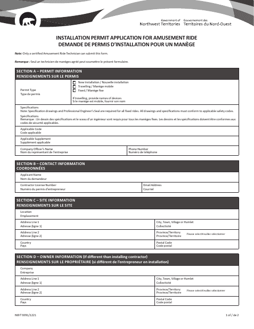 Form NWT9391 Installation Permit Application for Amusement Ride - Northwest Territories, Canada (English/French)