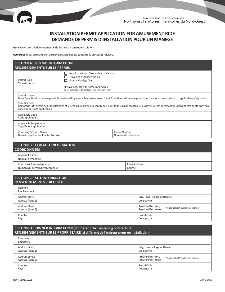 Form NWT9391 Installation Permit Application for Amusement Ride - Northwest Territories, Canada (English / French), Page 1